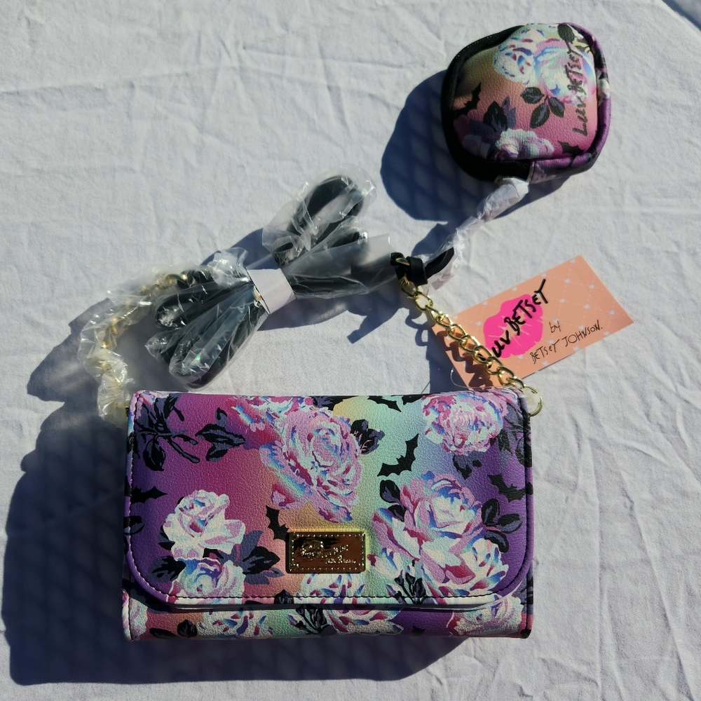 NWT Luv Betsey by Betsey Johnson, Pastel Flowers & Bats Print, Cross Over Purse